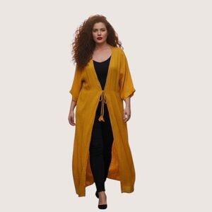: Izuria Boho Maxi Duster Cardigan Yellow Linen Cotton Size 2XL